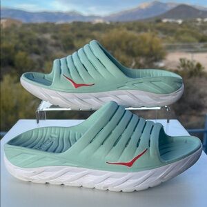 Hoka One One Mint Green & White Slides / with Red Accent